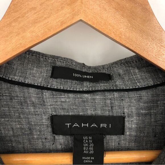 Tahari Linen Shirt Womens 1X Black Button Front Roll Tab Long Sleeve - Picture 2 of 8